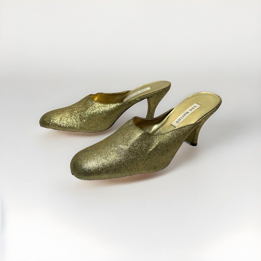 Ann Marino Gold Sparkle Almond Toe Block Heel Shoes Womens 10 - Picture 5 of 11